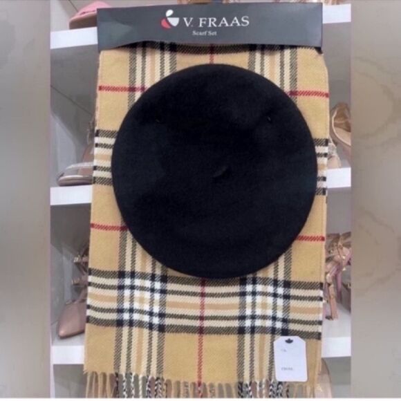V. Fraas Plaid Scarf and Black Beret Set - Picture 1 of 11